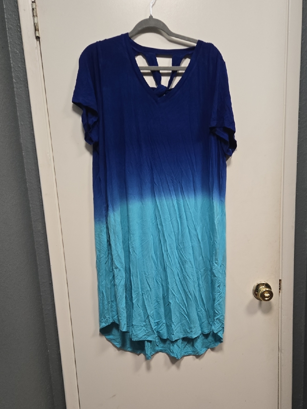 Blue Ombre Short Sleeve V-Neck Dress